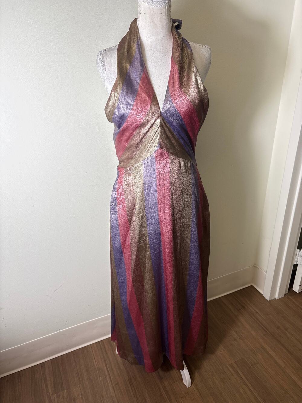 Mestiza Shimmery Pink and Purple Striped Halter Gown Sz 6